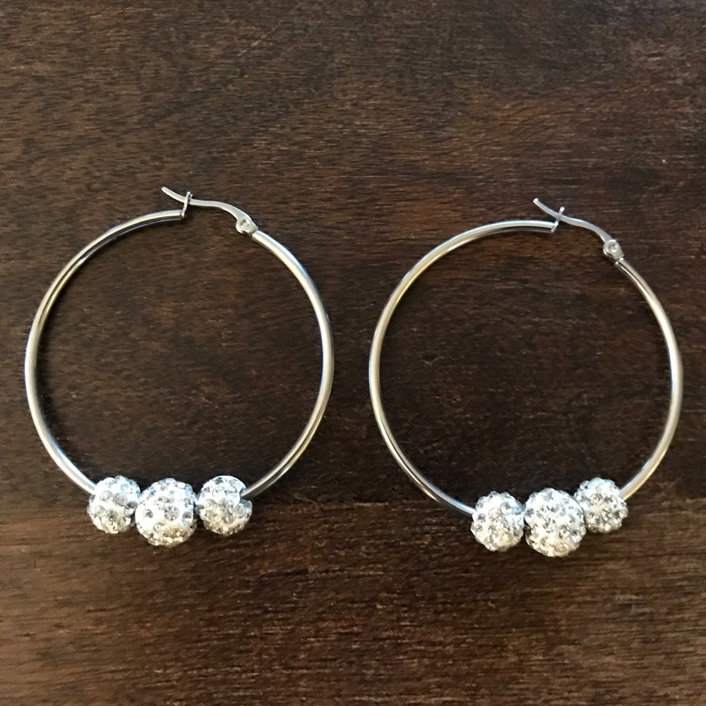 Silver-tone Hoop Earrings with Rhinestones. NWOT